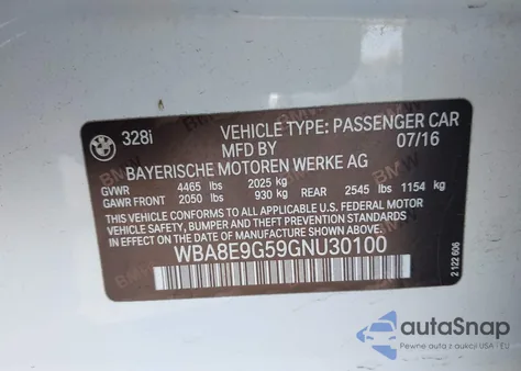 2016 BMW 328I from USA, damaged, VIN WBA8E9G59GNU30100